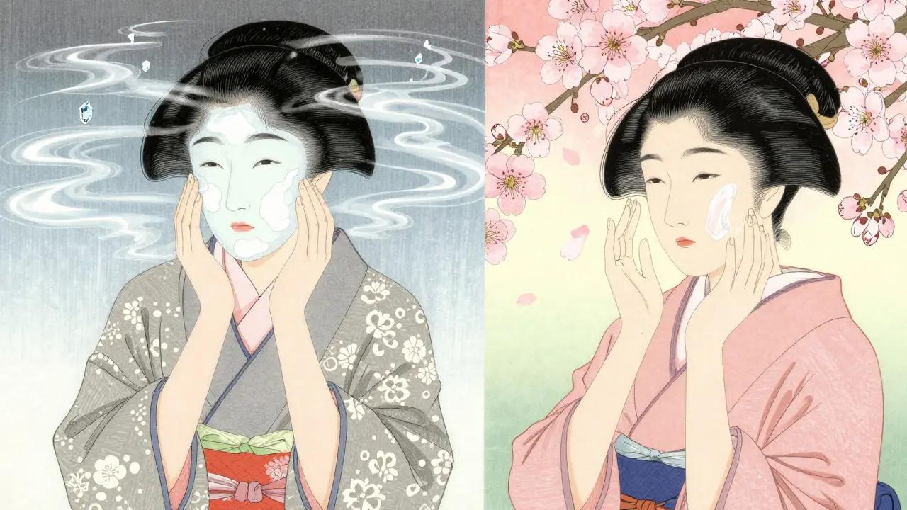 Женщина в кимоно, защищающая кожу от зимнего мороза и весеннего солнца в стиле японской гравюры.