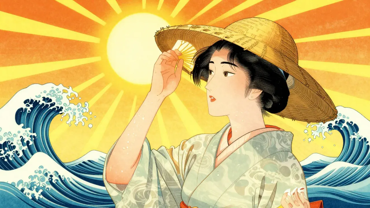 Женщина в соломенной шляпе защищается от летнего солнца в стиле укиё-э