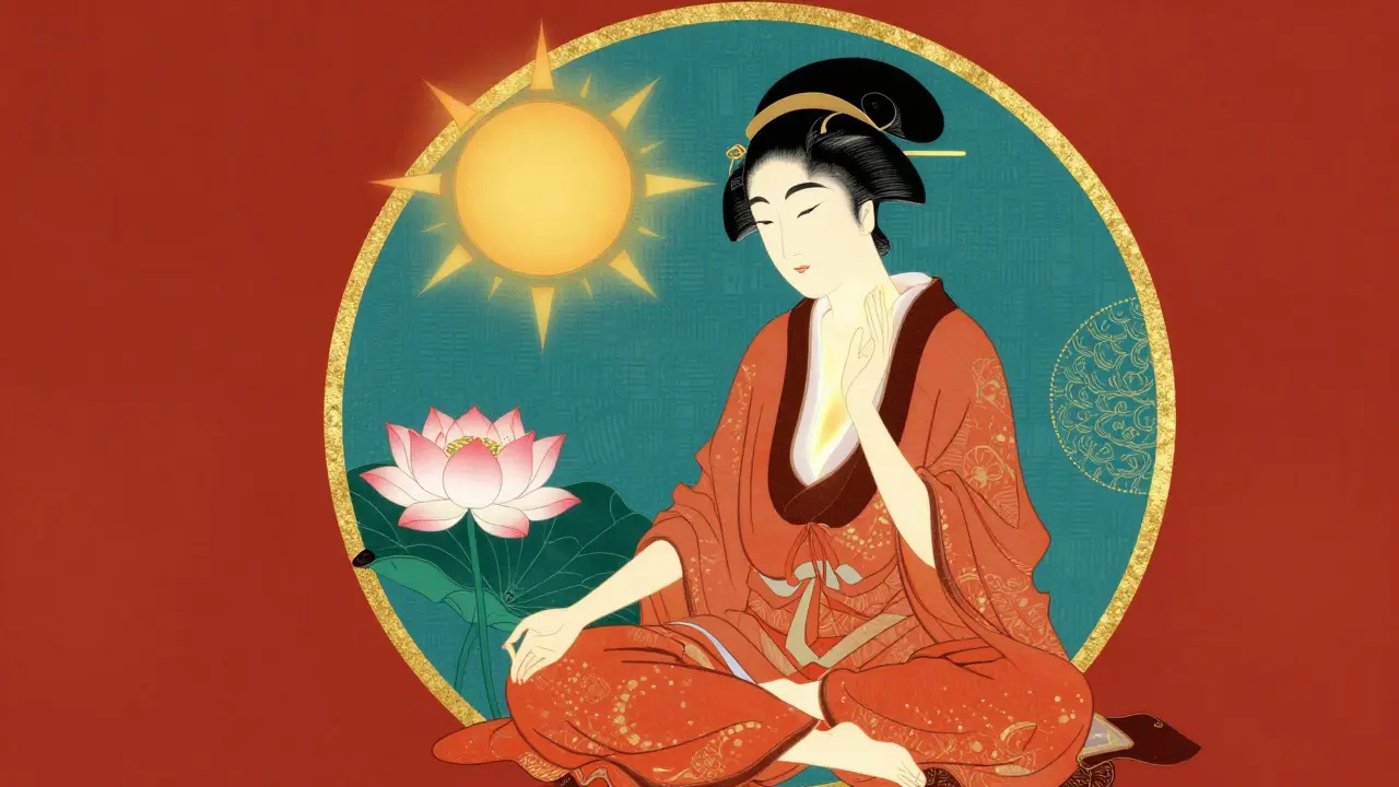 Женщина в стиле укиё-э в окружении символов защиты от солнца и увлажнения