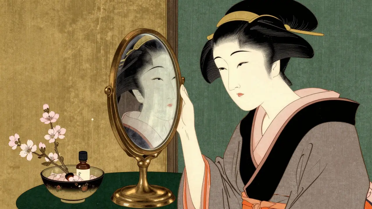Зрелая женщина перед зеркалом с атрибутами ухода в стиле укиё-э