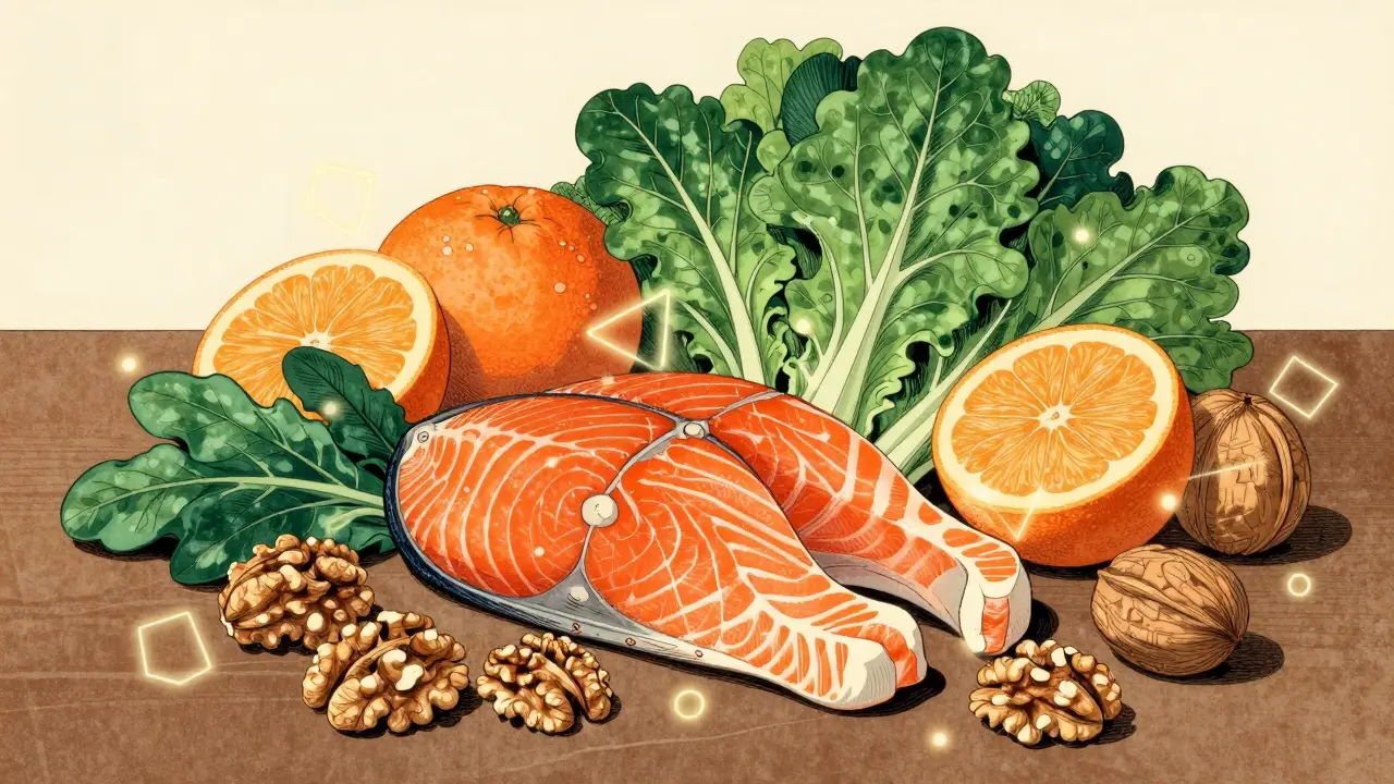 Стилизованная композиция продуктов для здоровья кожи: рыба, цитрусовые и орехи