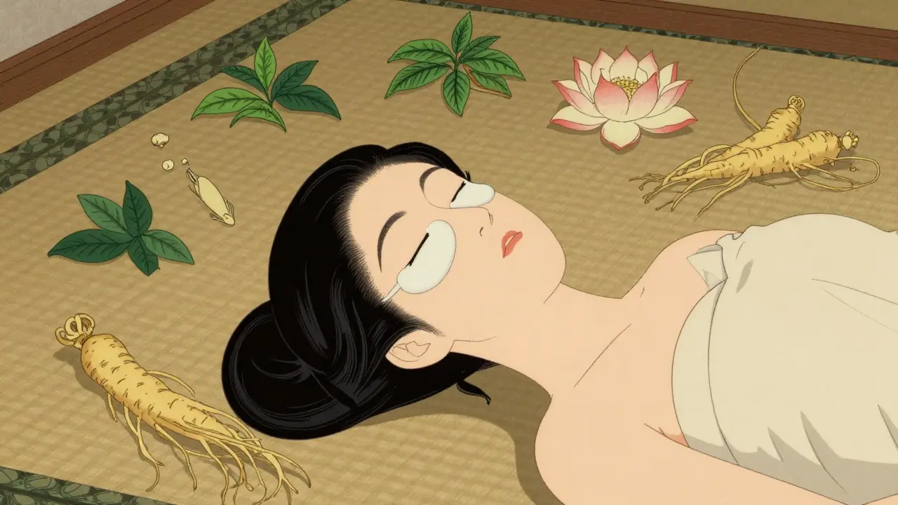 Женщина лежит с масками для глаз, окруженная растительными ингредиентами